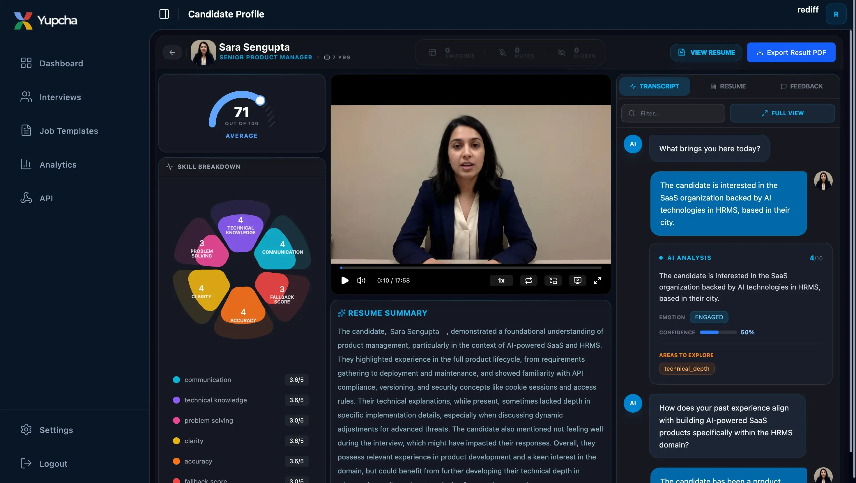 Yupcha live interview — candidate video with AI skill breakdown and transcript analysis